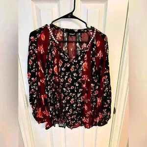 Tolani Long Sleeve Floral Print Tie Front Burgundy Blouse Size S